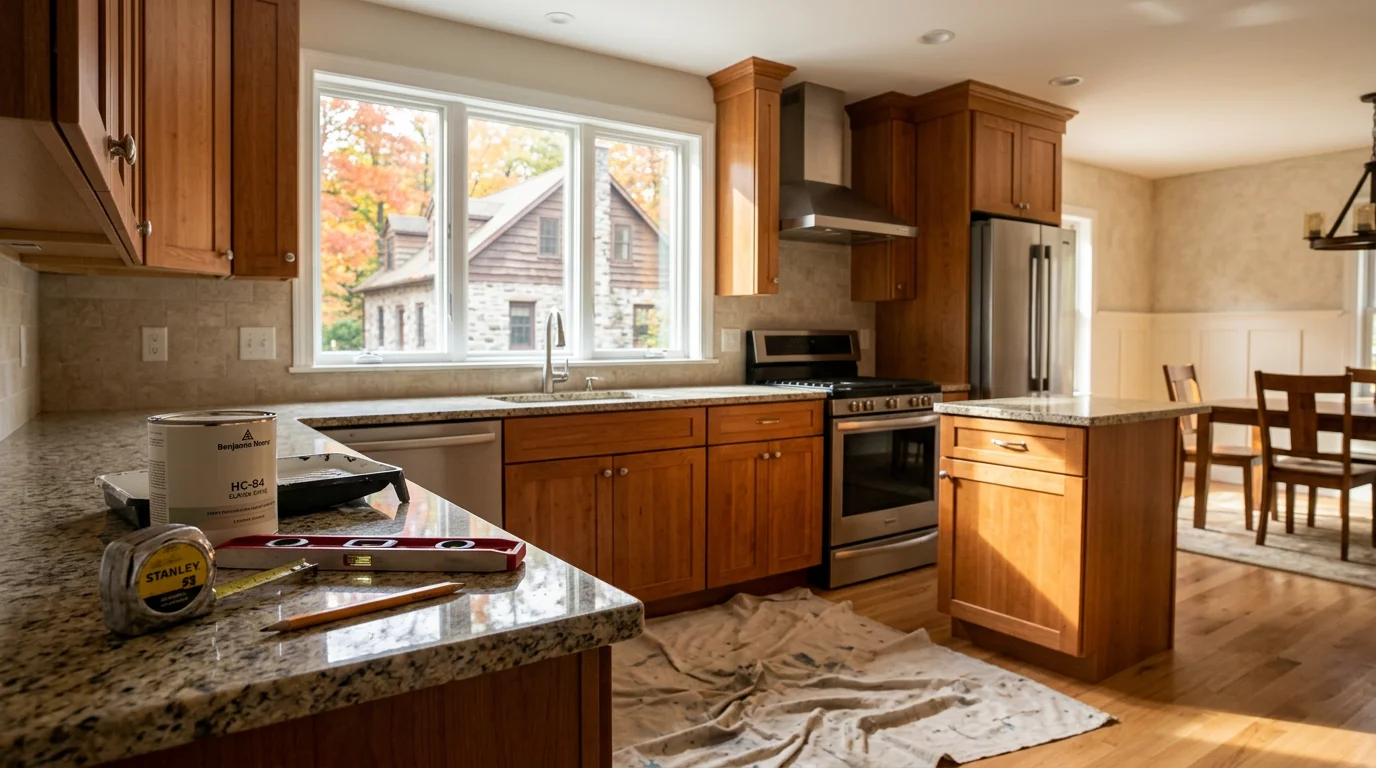 Modern kitchen with new cabinets, countertops, and flooring in Stroudsburg home