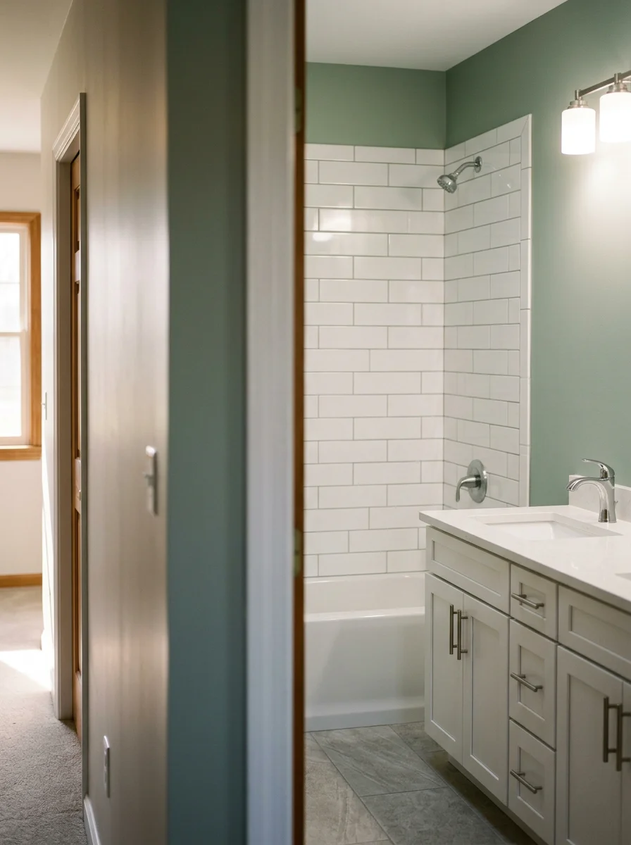 Portrait view of a newly tiled bathroom in a Bartonsville, PA subdivision home with updated vanity, fresh paint, and new flooring replacing original fiberglass surround.