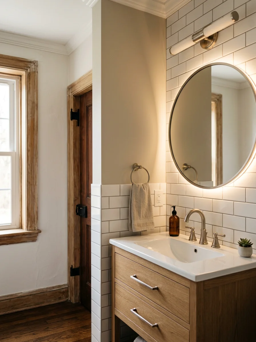 Portrait view of a remodeled bathroom in an East Stroudsburg, PA pre-war home with new tile surround, vanity, and painted plaster walls.