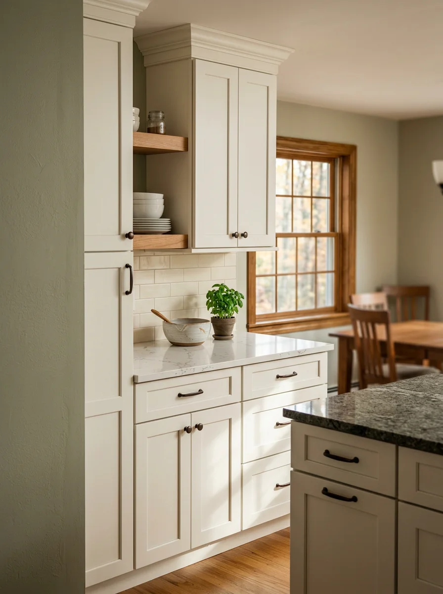 Close-up portrait of a freshly remodeled kitchen in a Monroe County, PA home featuring new cabinetry, countertops, and tile backsplash.