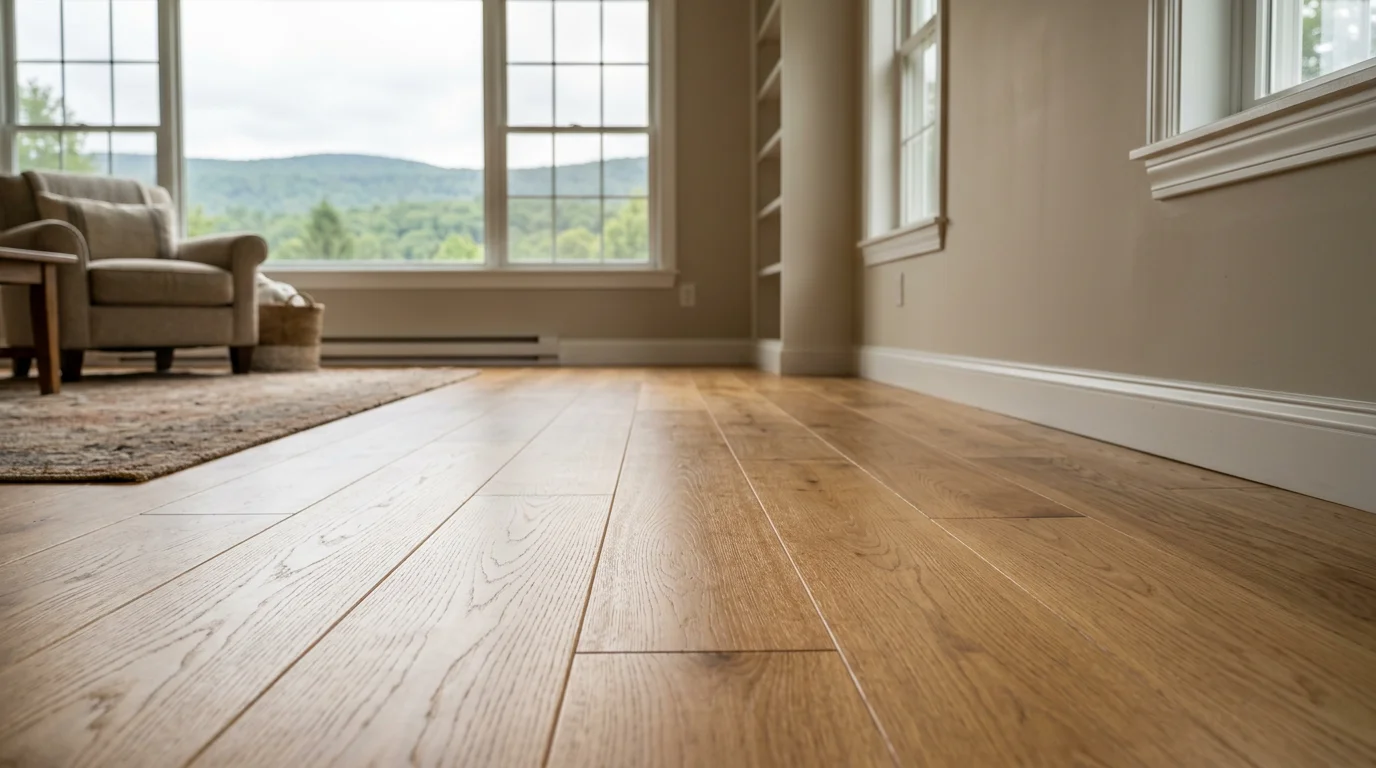 Wide-angle view of a Monroe County, PA home interior showing new hardwood flooring installed in a living room with Pocono Mountain views through large windows.