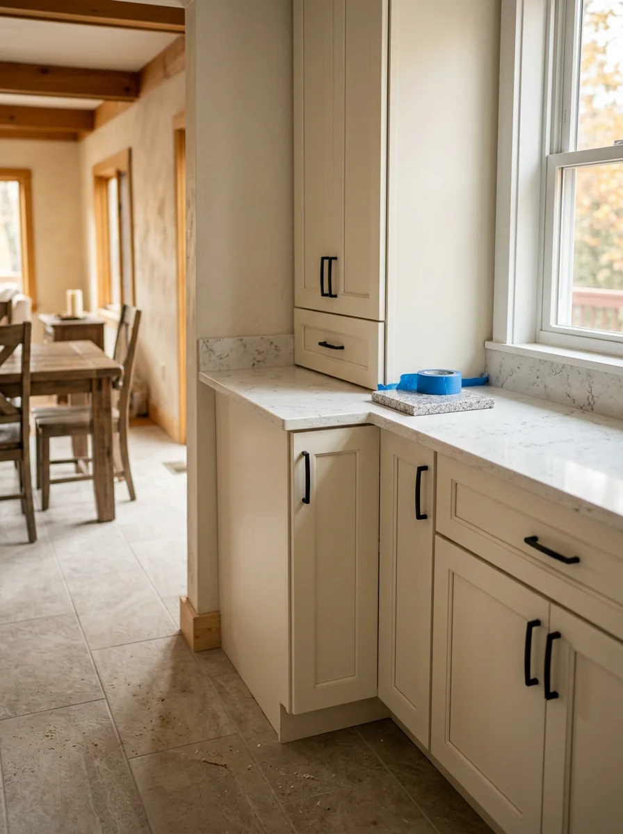 Portrait view of a remodeled kitchen interior in a Mount Pocono, PA ranch-style home with new cabinetry, countertops, and durable tile flooring suited to mountain climate conditions.