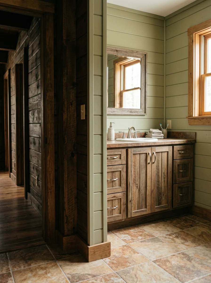 Portrait view of a remodeled bathroom interior in a Pike County, PA cabin-style home with new tile flooring, updated vanity, and fresh paint on wood-paneled walls.