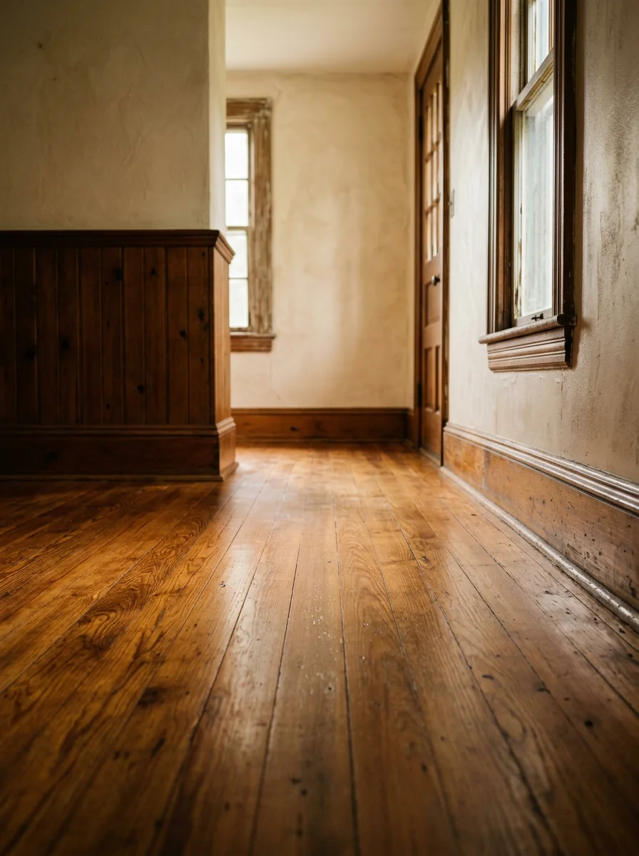 Portrait view of a newly refinished original hardwood floor in a pre-1939 Stroudsburg, PA home with period-appropriate trim and baseboards.