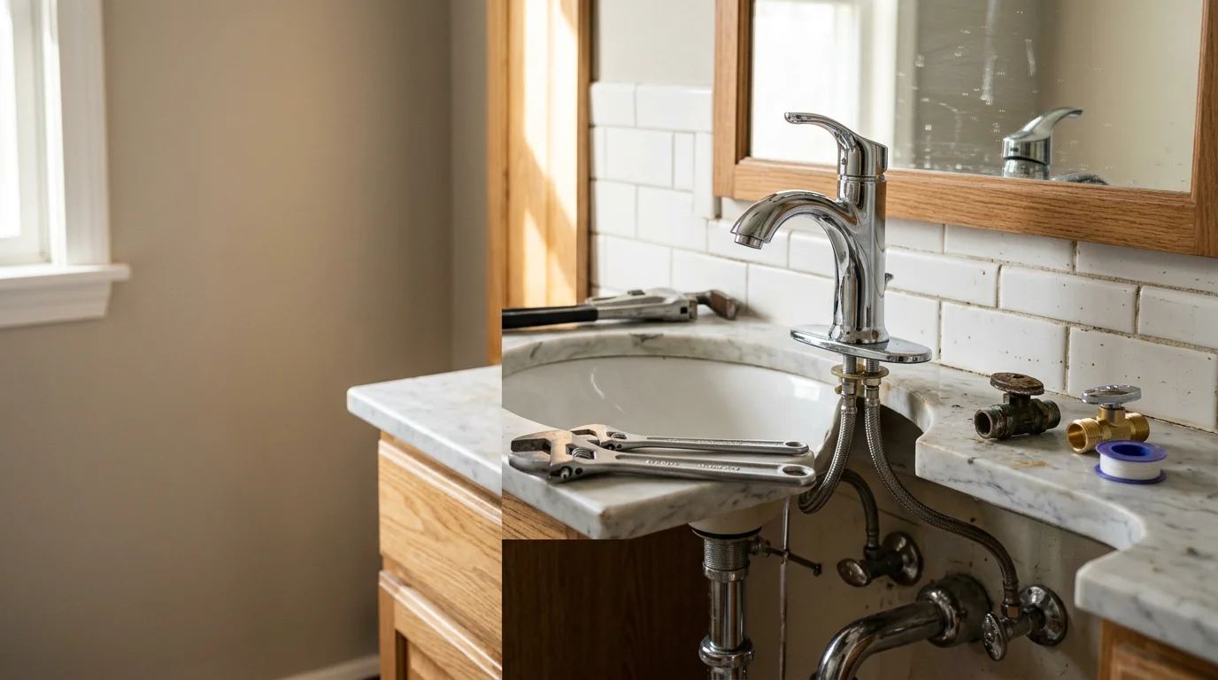 A newly installed bathroom faucet and matching fixtures in a Monroe County, Pennsylvania home. The finished installation shows clean supply line connections and a polished chrome finish above a white sink basin.