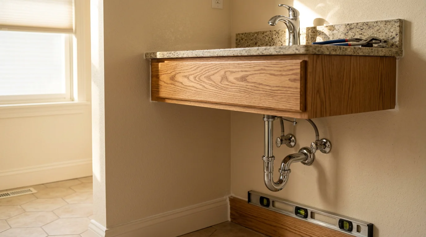 A newly installed bathroom vanity with a countertop sink and connected plumbing in a Monroe County, PA home. The cabinet sits level against a finished wall in a clean, updated bathroom.
