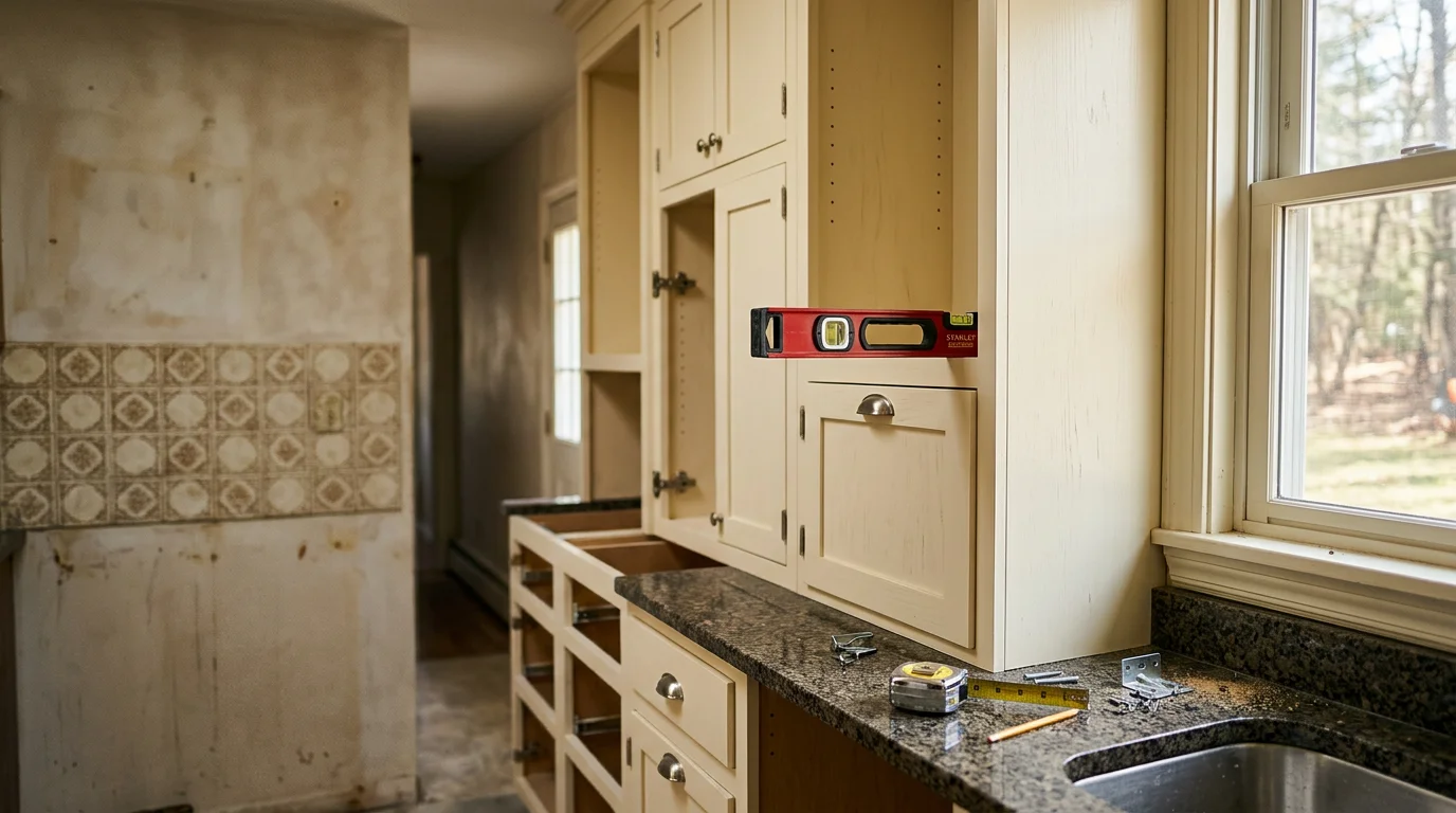 Newly installed custom kitchen cabinets with clean lines and full-height uppers in a Monroe County, Pennsylvania home. White shaker-style cabinet doors run floor to ceiling along a galley-style kitchen wall with hardware installed and doors aligned.