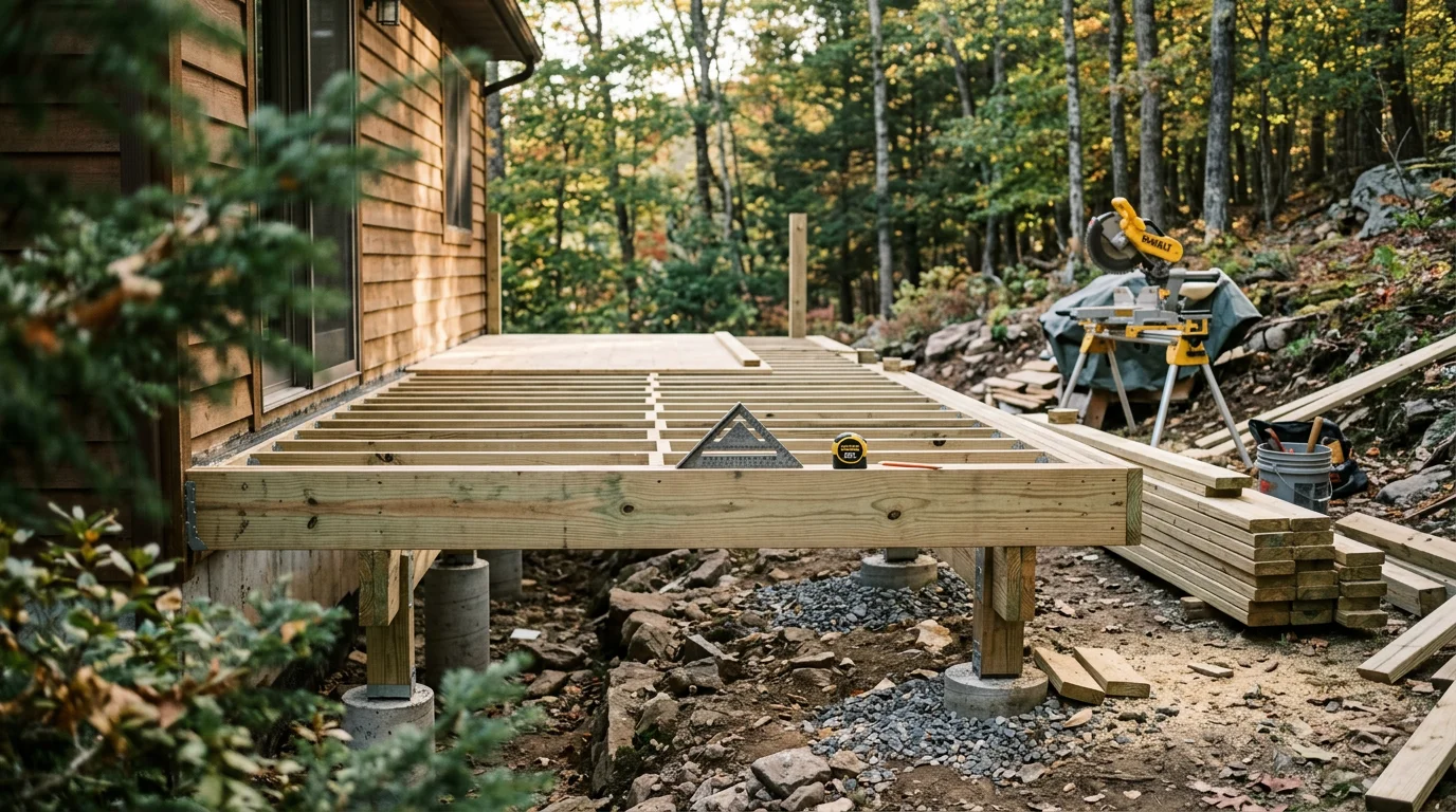 A custom-designed multi-level deck on a wooded residential property in Monroe County, Pennsylvania, with open railing and board spacing suited to the Pocono region's seasonal conditions.