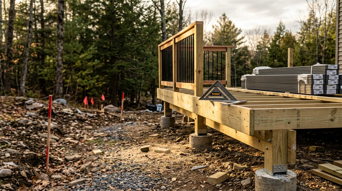 A newly built wood deck attached to a residential home in Monroe County, Pennsylvania, surrounded by mature trees with a sloped wooded lot visible in the background. The deck features a railed perimeter and open framing suited to the Pocono region's seasonal conditions.