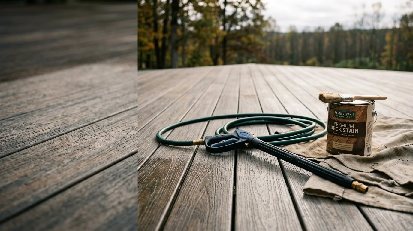 A freshly cleaned and resealed wood deck on a residential home in Monroe County, Pennsylvania, with restored surface color and visible water beading on the boards. The deck overlooks a wooded backyard typical of the Pocono region.