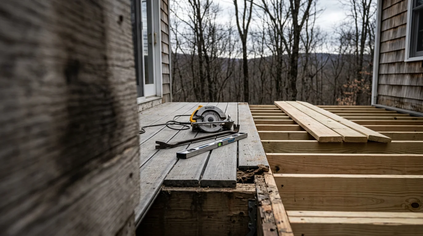 A repaired wood deck on a Monroe County home showing replaced boards and reinforced railings after Pocono winter damage. The surrounding wooded lot and overcast sky reflect the region's climate conditions.
