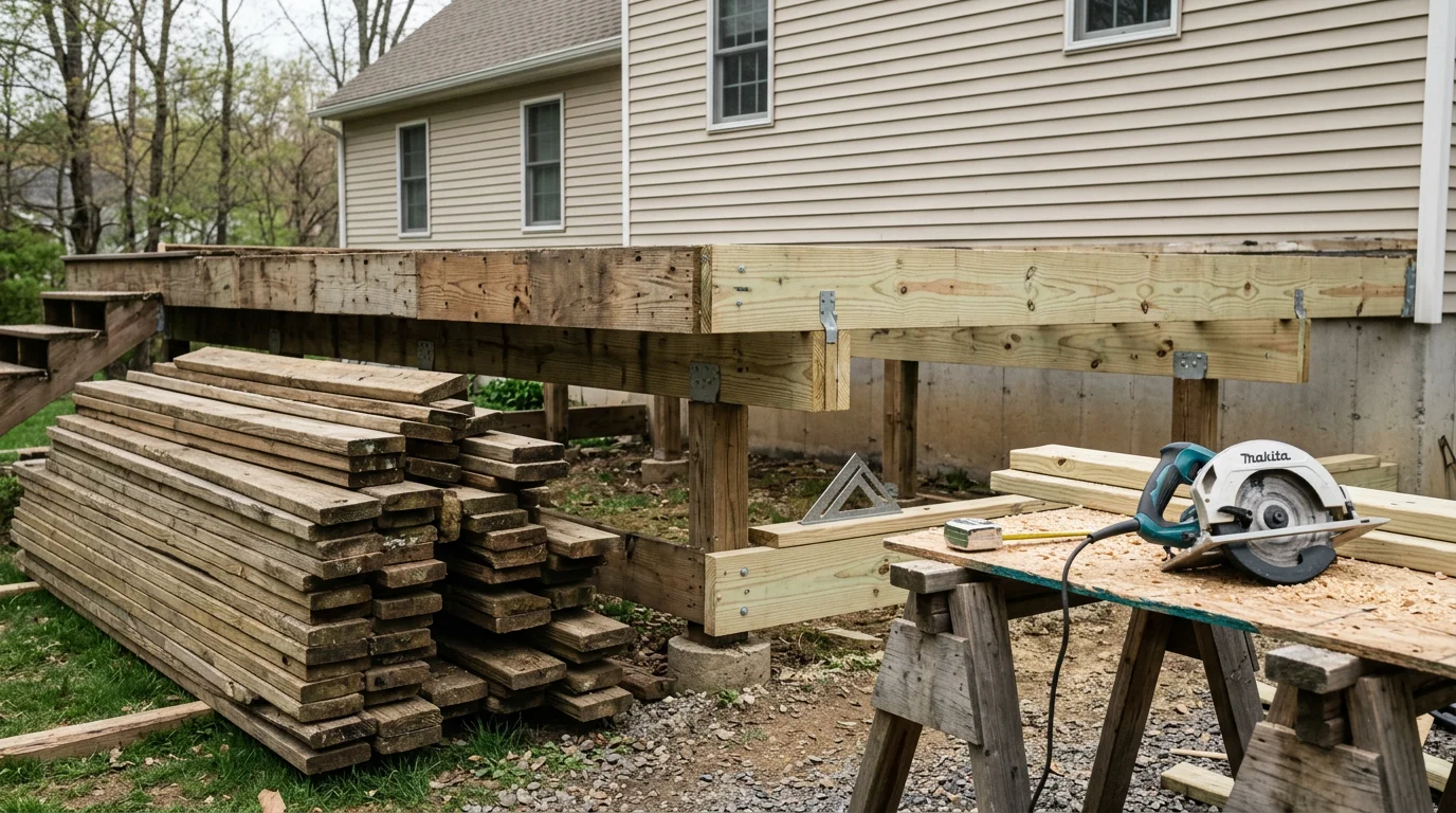 A newly completed deck replacement on a residential home in Monroe County, Pennsylvania, showing fresh decking boards and secure railings. The surrounding landscape reflects the wooded, hilly terrain typical of the Pocono region.