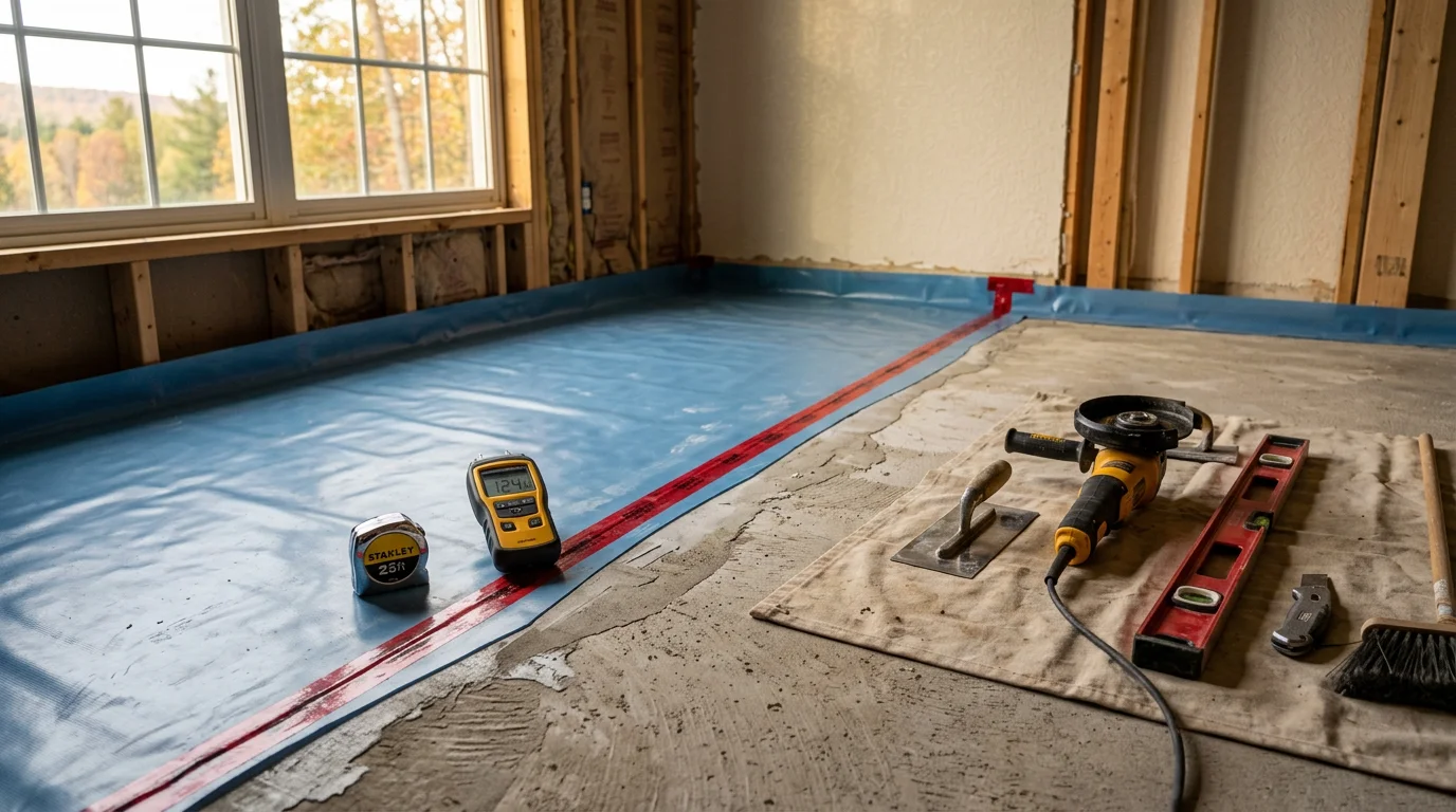 Freshly installed flooring in a Monroe County, PA home with clean transitions between rooms and a well-prepped subfloor visible at the edge. The space reflects the practical, moisture-aware installation approach used throughout the Pocono region.
