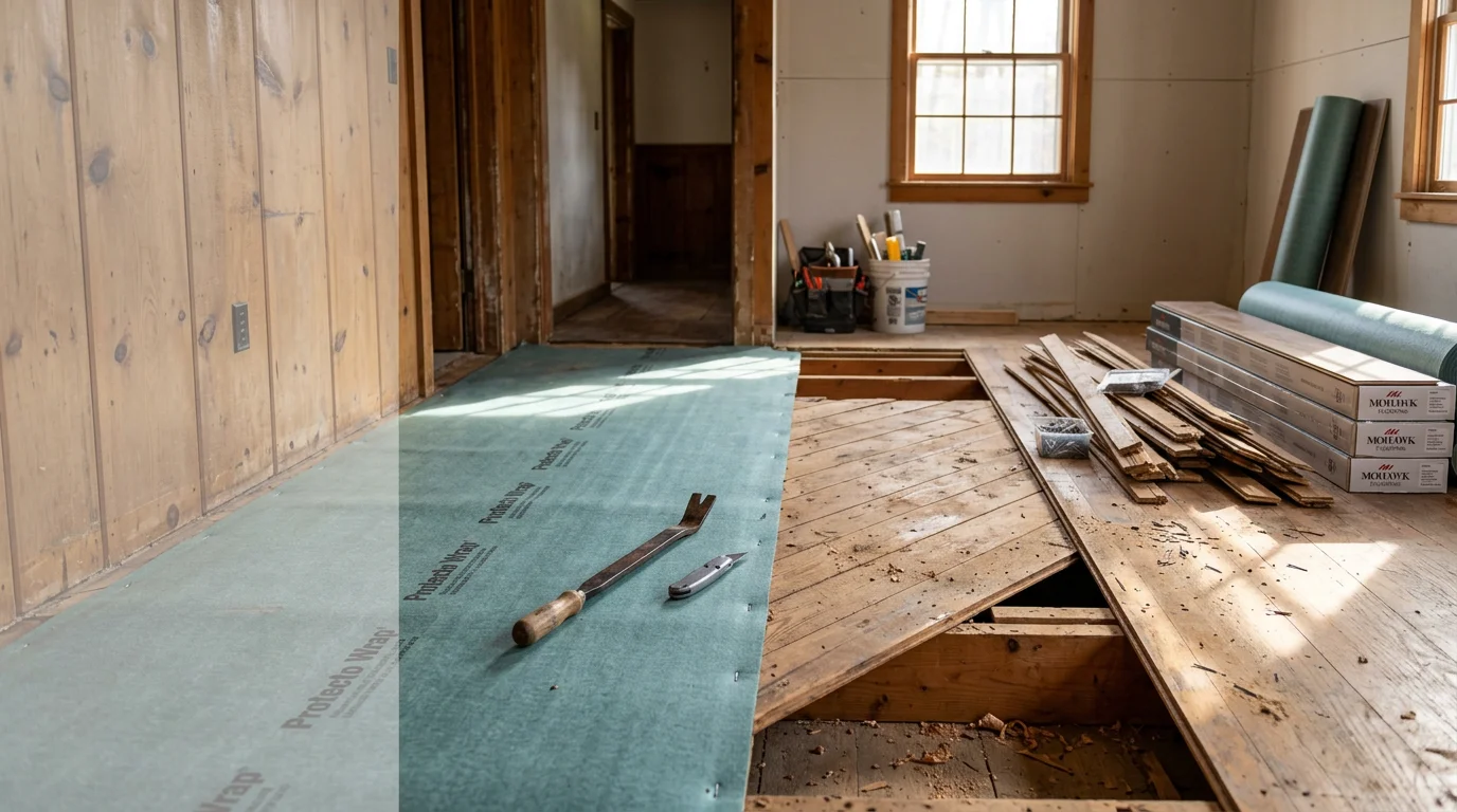 Freshly replaced flooring in a Monroe County, PA home, showing a clean finished surface in a residential living area. The completed floor replacement covers the full room with no visible seams, gaps, or damage from prior wear.