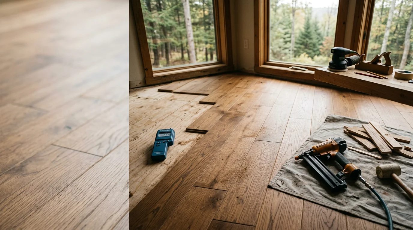 Newly installed hardwood flooring in a Monroe County, PA home, showing tight plank seams and a clean wood grain finish in a residential living room. The floor runs wall to wall with consistent staining, typical of a professional nail-down installation in the Pocono region.