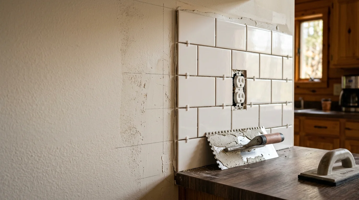 Freshly installed tile backsplash in a Monroe County kitchen, with clean grout lines and precise cuts around an electrical outlet above the countertop. The backsplash runs the full length of the cooking wall, protecting the drywall and adding a finished look to the space.