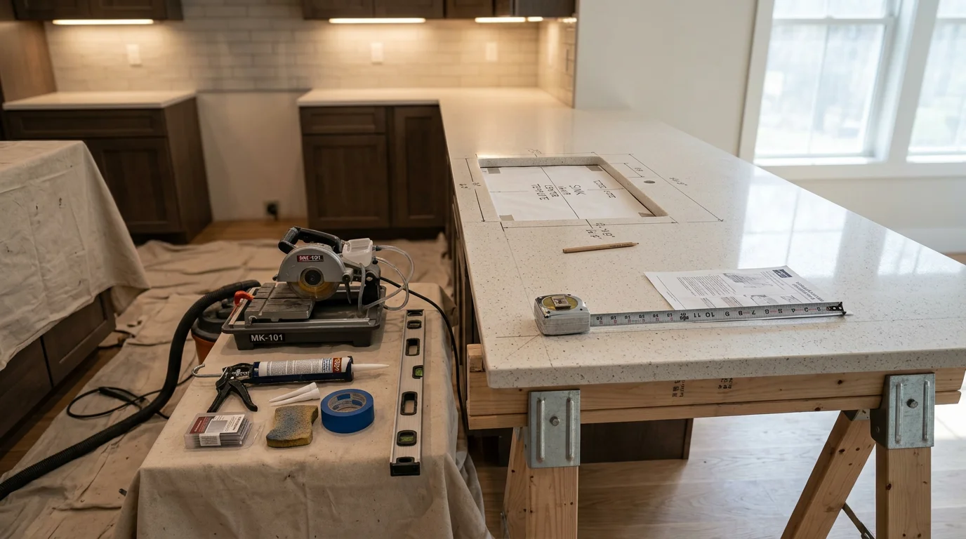 Newly installed kitchen countertop in a Monroe County, PA home, showing a clean surface, fitted sink cutout, and finished edges along updated cabinetry. Green Team Contracting completed this kitchen countertop installation for a local homeowner in the Stroudsburg area.