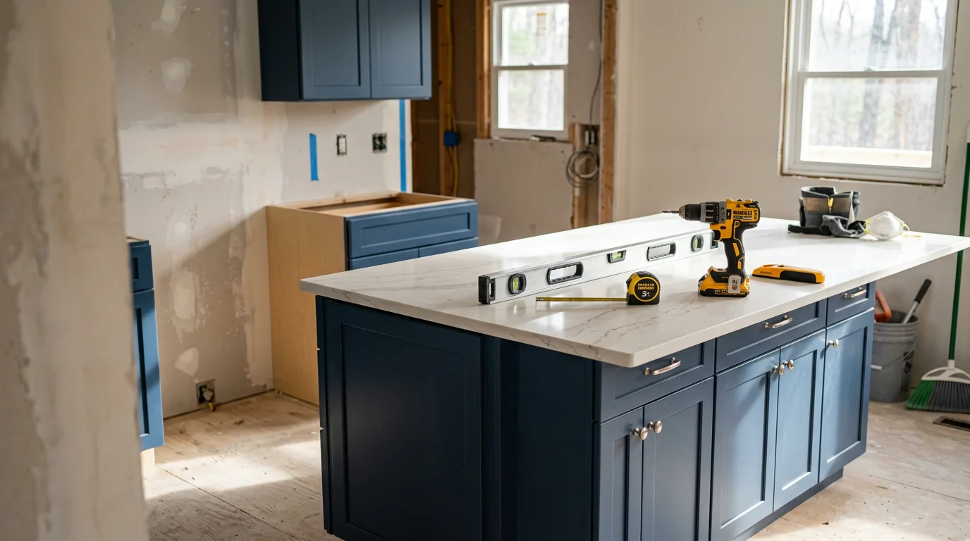 A newly installed custom kitchen island with built-in storage and counter seating in a Monroe County, Pennsylvania home. The island sits centered in an open kitchen with clear walkways on all sides.