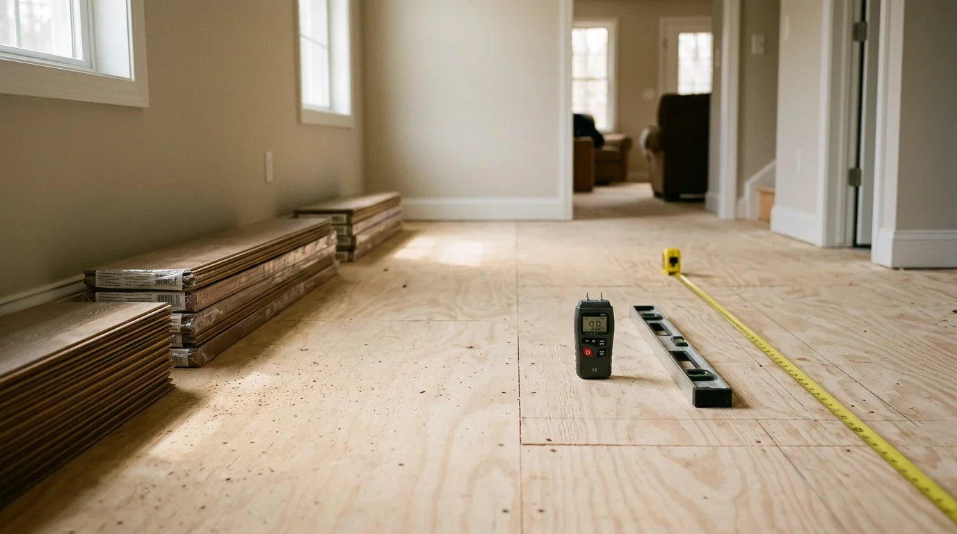 Freshly installed laminate flooring with a wood-grain finish in a Monroe County, Pennsylvania living room. The floor runs wall to wall with clean trim work along the baseboards.