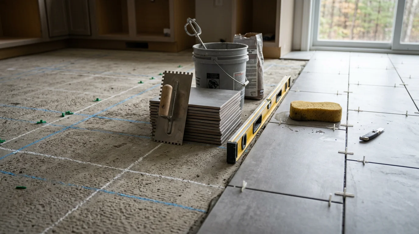 Freshly installed tile flooring in a kitchen of a Monroe County, Pennsylvania home, showing clean grout lines and a level surface. The room reflects the practical, moisture-resistant flooring common in Pocono-area homes.